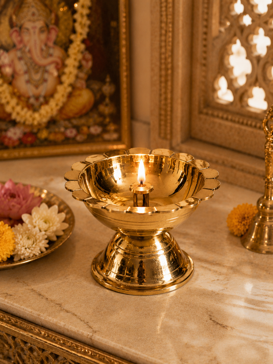 Brass Chandramukhi Nanda Pedestal Diya Oil Lamp