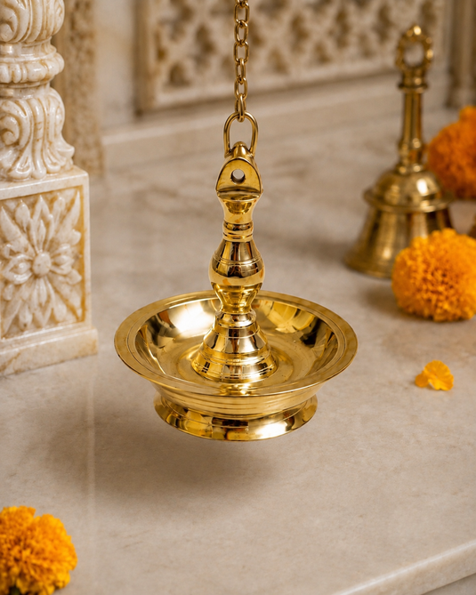 Brass Latkan Long Wick Round Hanging Diya Oil Lamp