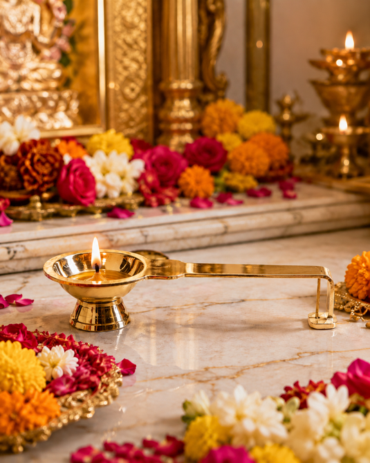 Brass Little Aarti Long Wick Standing Diya Oil Lamp