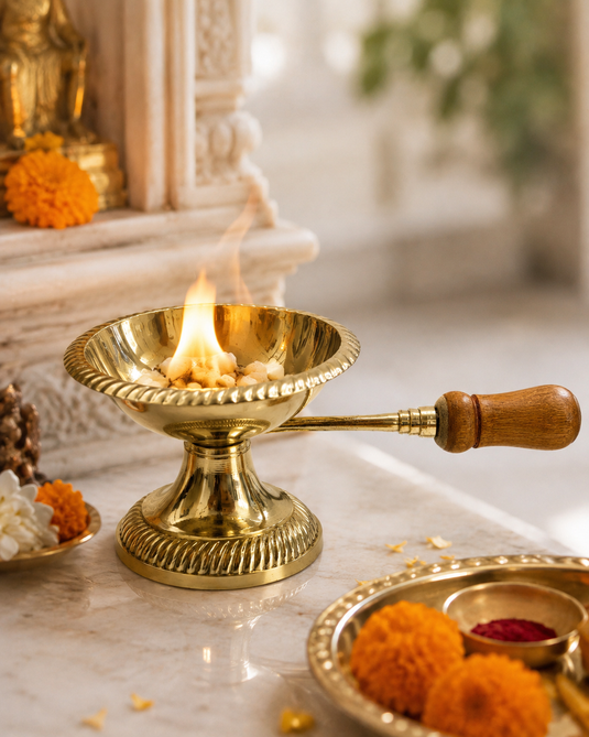 Brass Gulab Aarti Lamp with Wooden Handle