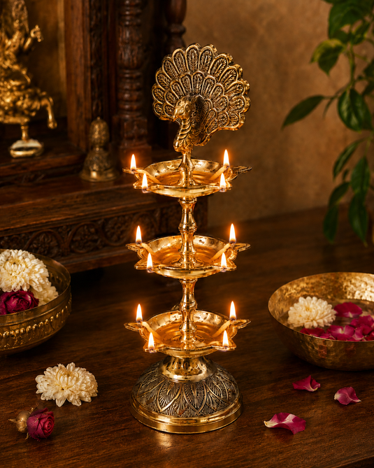 Brass Panch Mahal Peacock Multi Tier Diya Stand