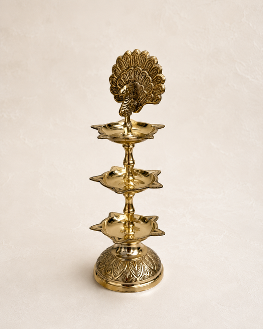 Brass Panch Mahal Peacock Multi Tier Diya Stand