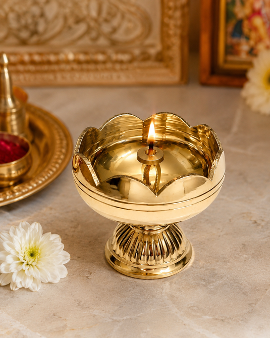 Brass Tamatar Nanda Pedestal Diya Oil Lamp